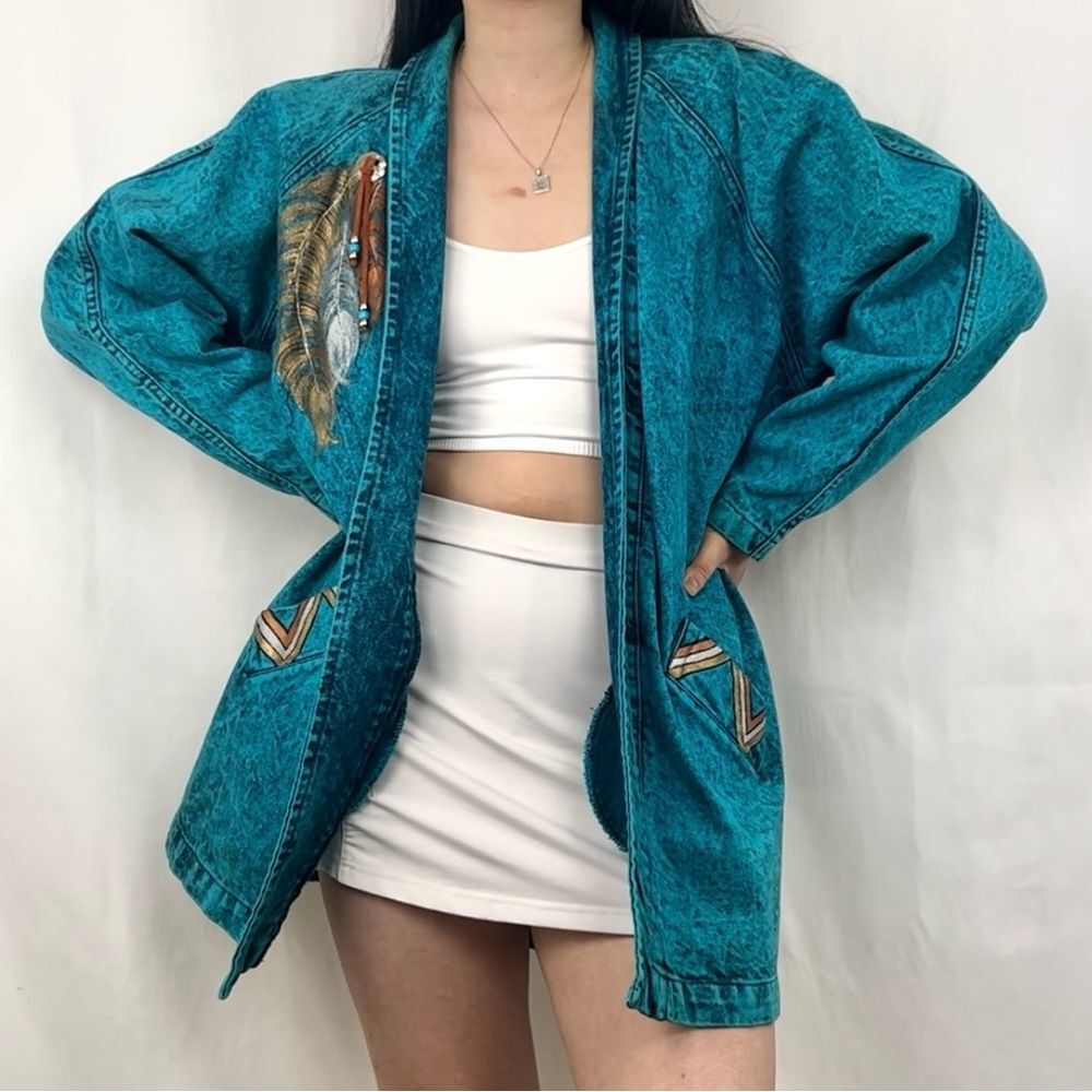 RARE! Vintage Sundance Hand Painted Indigenous Tribal Denim Long Jacket